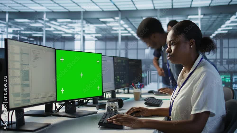 Poster data center technician using mockup pc, maintaining company network infrastructure. server hub worke