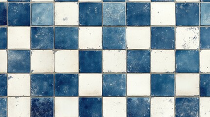 Fototapeta premium Worn blue and white checkerboard tiles featuring a rustic finish and variations in color, showcasing a vintage aesthetic ideal for retro decor.