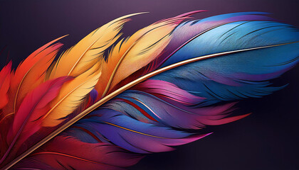 Multi-colored feathers: red, yellow, purple, green, blue
