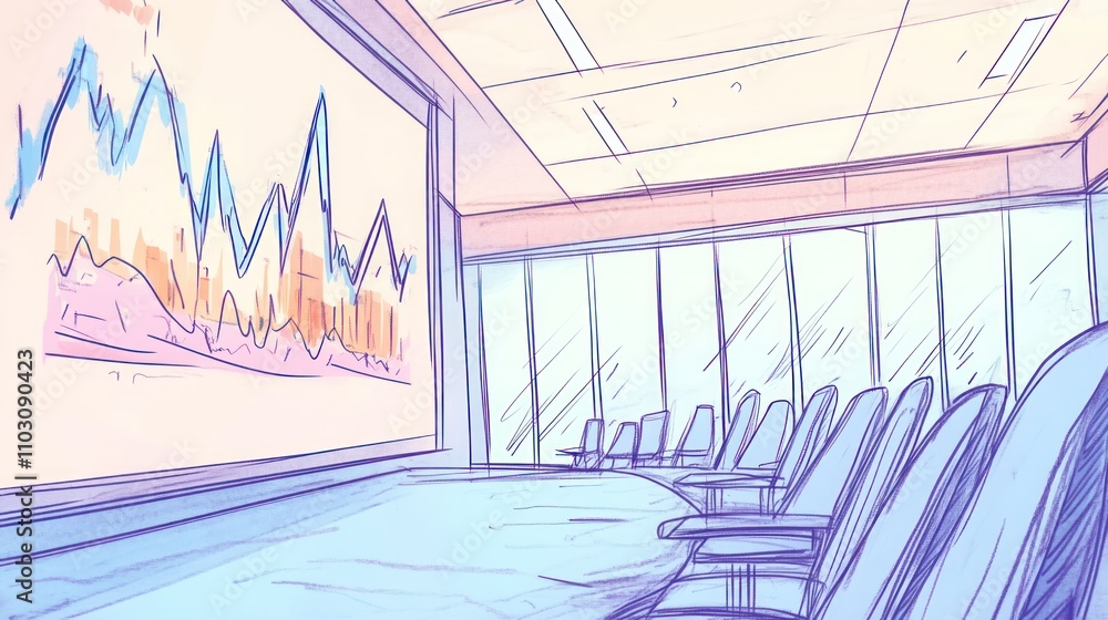 Poster a modern conference room with a large screen displaying data trends.