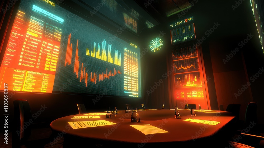 Poster a modern conference room with digital displays showing data and analytics.