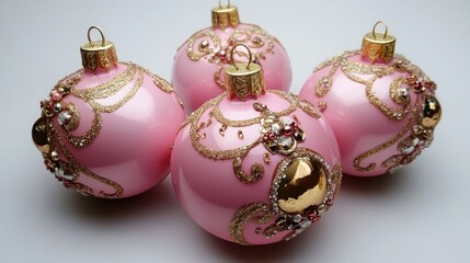 Pink Christmas ornaments adorned with elegant golden decorations and intricate embellishments, perfect for festive holiday decor.
