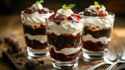 Delicious layered trifle dessert with chocolate sponge cake, whipped cream and fruit jelly in serving glasses