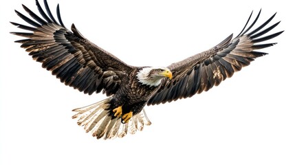 Fototapeta premium eagle soaring gracefully against a pristine white background, its feathers shimmering with vibrant colors that reflect the essence of energy and technology