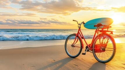 Fototapeta premium Bright Bicycle with Surfboard at Sunset Beach Scene
