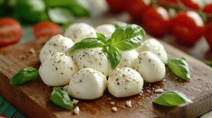 Mozzarella cheese with basil on wooden board. Natural italian dairy product on Wooden board