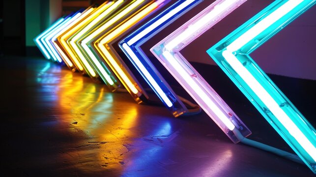 Bright Neon Light Lines Shaped as Arrows - a dynamic and futuristic visual. The vibrant neon glow and arrow shapes create a striking and modern design.
