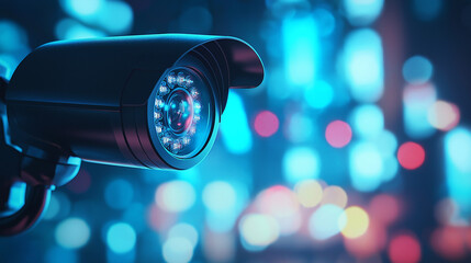 Close-Up of Modern Surveillance Camera with Vibrant Bokeh Lights Background