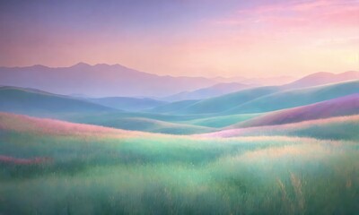 Fototapeta premium Blooming plain in the rays of the rising sun, pastel colours of nature at dawn, pink and blue gentle gradient