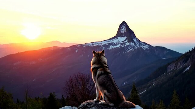 Majestic Sunset, Lone Wolf: A lone wolf sits atop a rocky outcrop, gazing towards a majestic mountain peak as the sun sets, casting a warm golden light across the landscape.