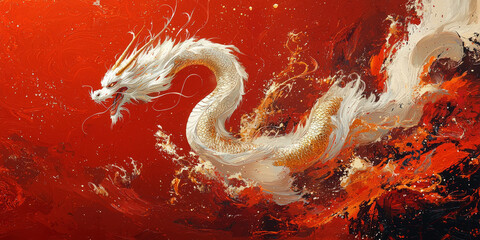 Golden swirls forming abstract dragons on a vibrant crimson background