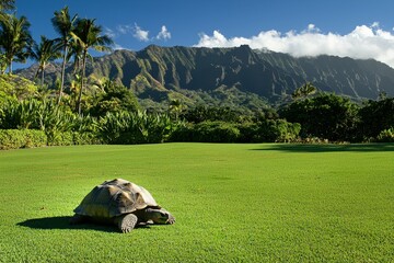 Giant Tortoise Grazing: A giant Galapagos tortoise slowly munching on green grass