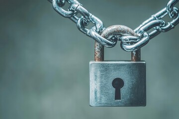 Broken chain link over binary code and padlock, symbolizing vulnerabilities in network security and protection breach