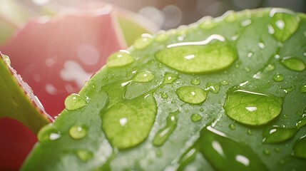 Close-up of a green leaf with water droplets, showcasing nature's beauty and freshness.