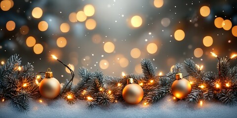 Festive holiday lights and ornaments. Christmas lights glow in winter celebration. Baubles and garland add sparkle to New Year scene. Elegant decorations create cheerful atmosphere. Perfect for