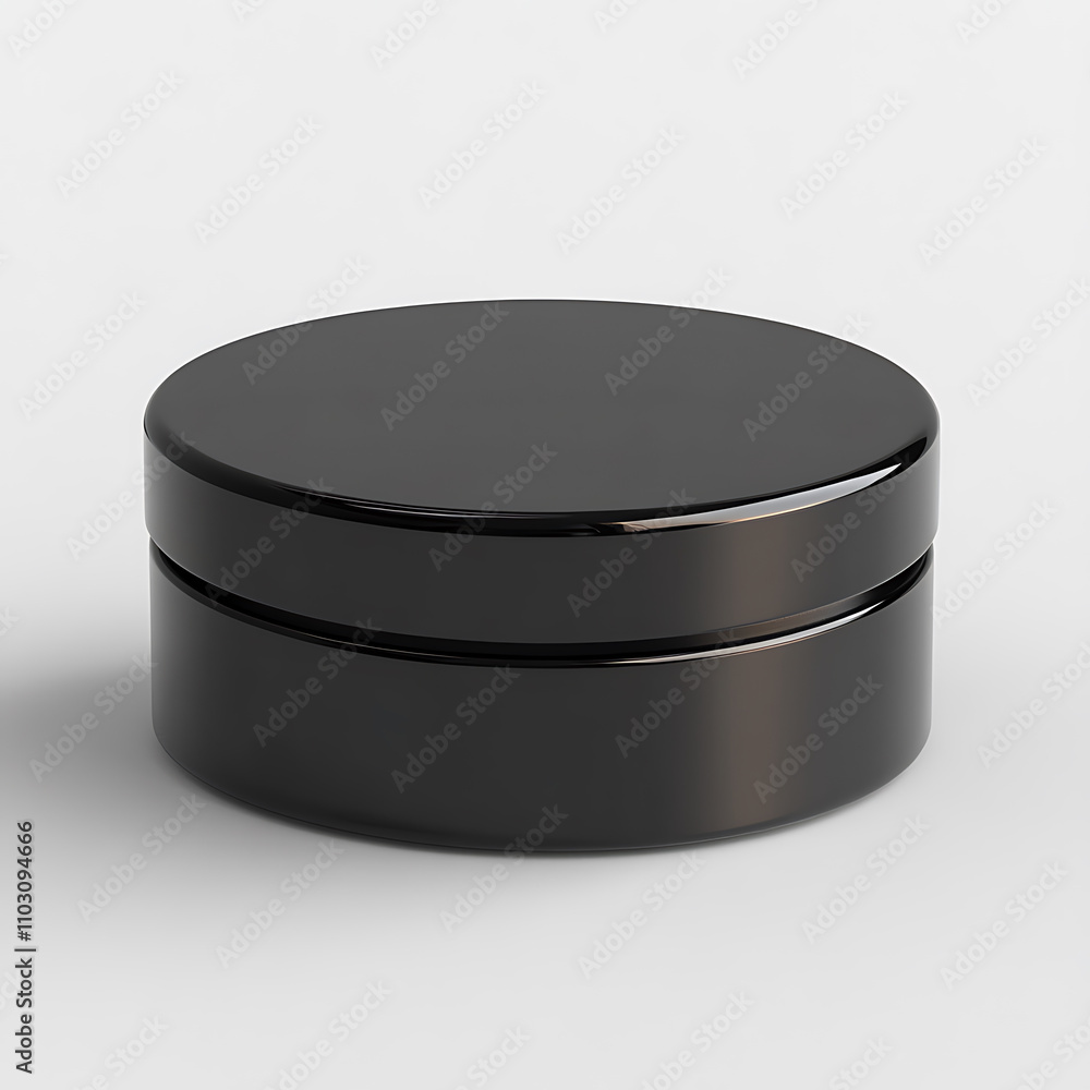 Poster sleek black round container with smooth surface, perfect for storage or display. its minimalist desi