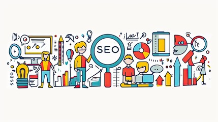 Vector Illustration of Digital Marketing Team Working on Search Engine Optimization with "SEO" in Large Letters, Magnifying Glass, and Target Symbol on White Background