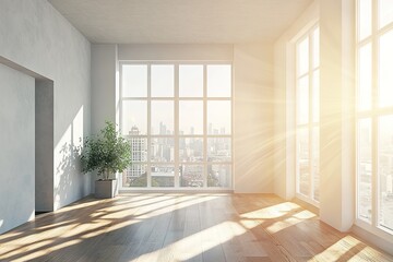Obraz premium Bright empty room with large windows and city view