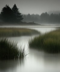 Fototapeta premium Misty Marsh Landscape: A Serene Coastal Scene