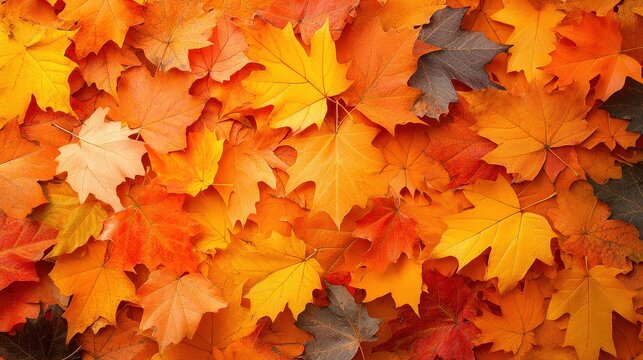 Vibrant autumn maple leaves form a colorful pattern. Orange, yellow, and brown foliage fills the natural scene. Seasonal background with vivid colors enhances design and decor elements.