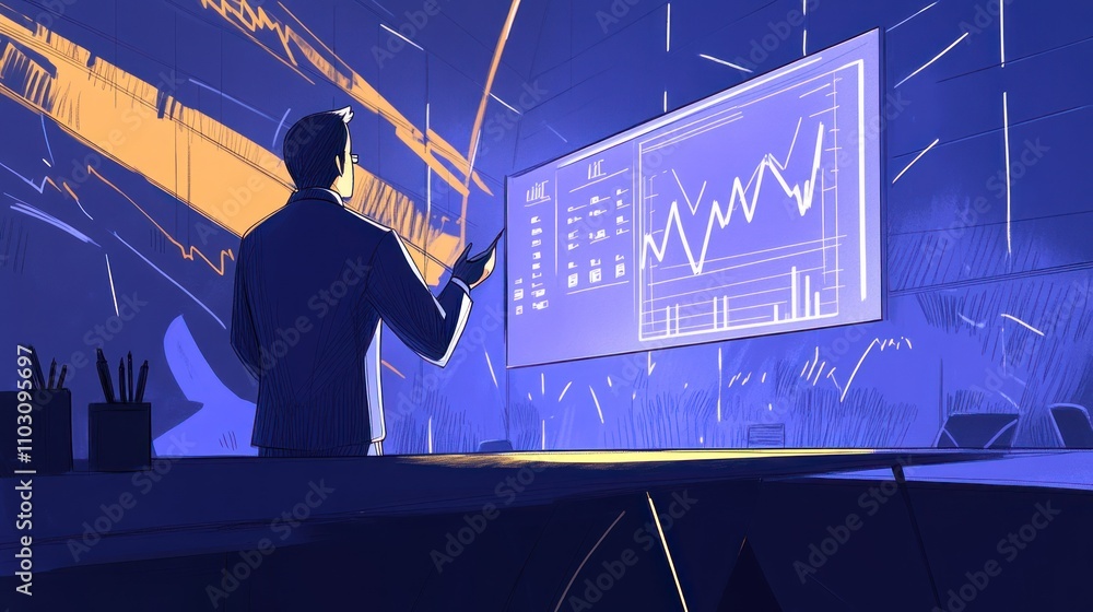Poster a professional analyzing data trends on a digital screen in a modern workspace.