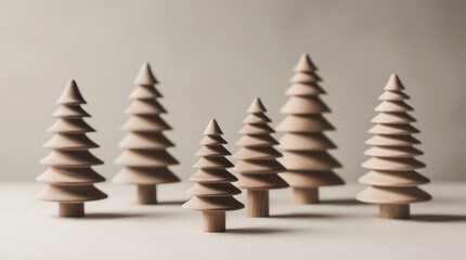 Minimalist wooden Christmas trees on a neutral background. Small wooden ornaments embody the hygge aesthetic, perfect for seasonal design
