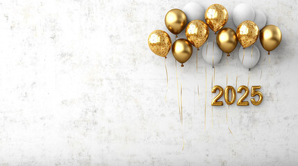 Happy New Year banner. 2025 holiday season colorful balloons on light bokeh background . horizonral banner	