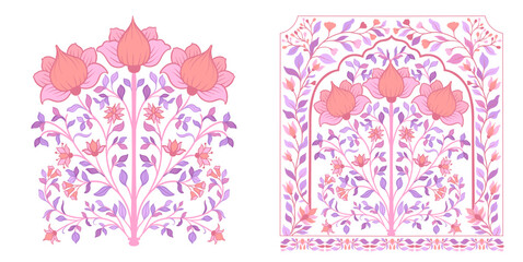 Mughal decorative ornamental floral. Vintage intricate traditional mughal style with flowers and foliage.