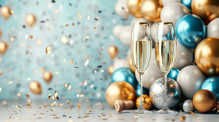 Happy New Year banner. holiday season colorful balloons on blue background . horizonral banner	