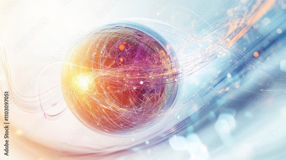 Poster a quantum particle represented by a glowing orb, surrounded by intricate lines and wave patterns ill