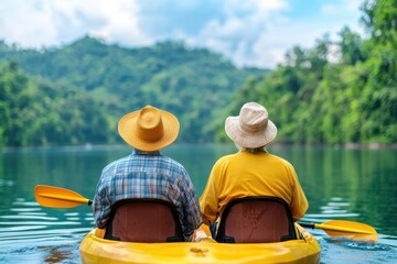 Two individuals in hats enjoy kayaking on a serene lake surrounded by lush green hills under a bright sky.