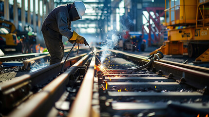 Engineer Welding on Railroad Track with Construction Site Background