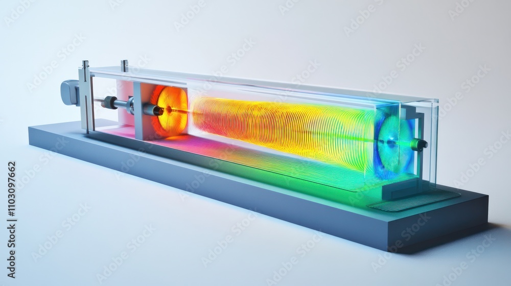 Poster a double-slit experiment setup, showcasing a laser beam passing through two slits onto a detector sc