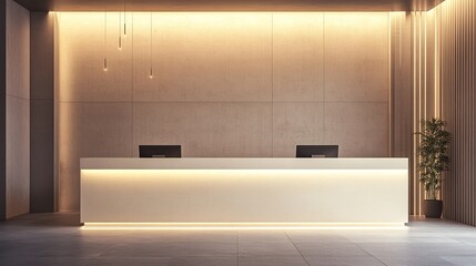 Modern reception desk with ambient lighting in office lobby