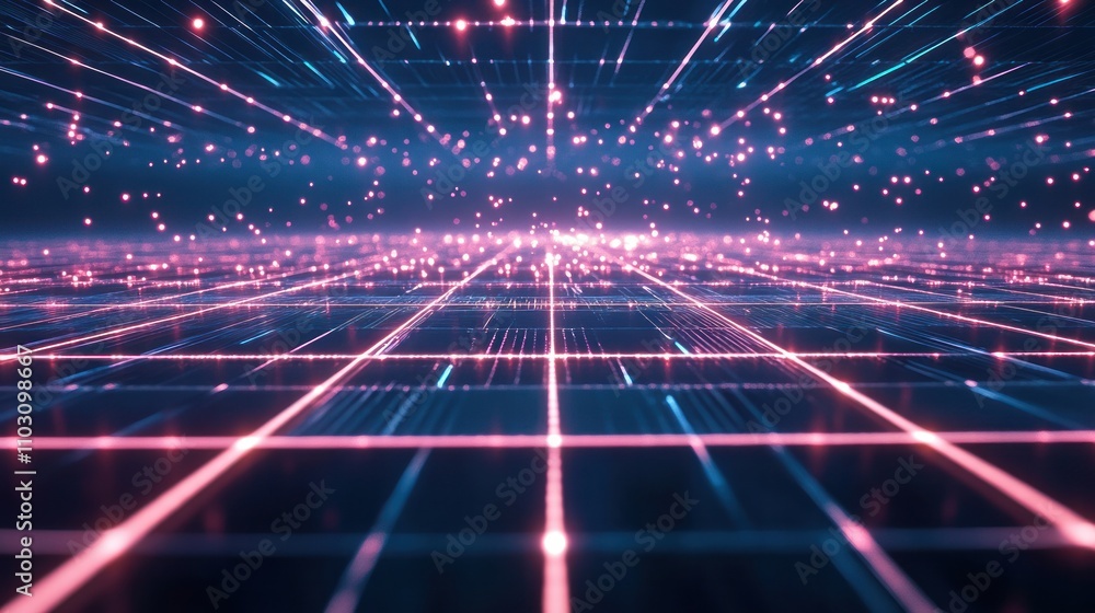 Poster neon lines and points, symbolizing the quantum field theory concept, with particles moving through t