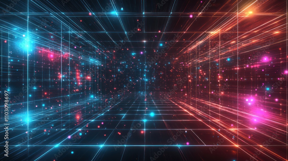 Poster neon lines and points, symbolizing the quantum field theory concept, with particles moving through t