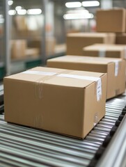 .Closeup of multiple cardboard box packages seamlessly moving along a conveyor - ai