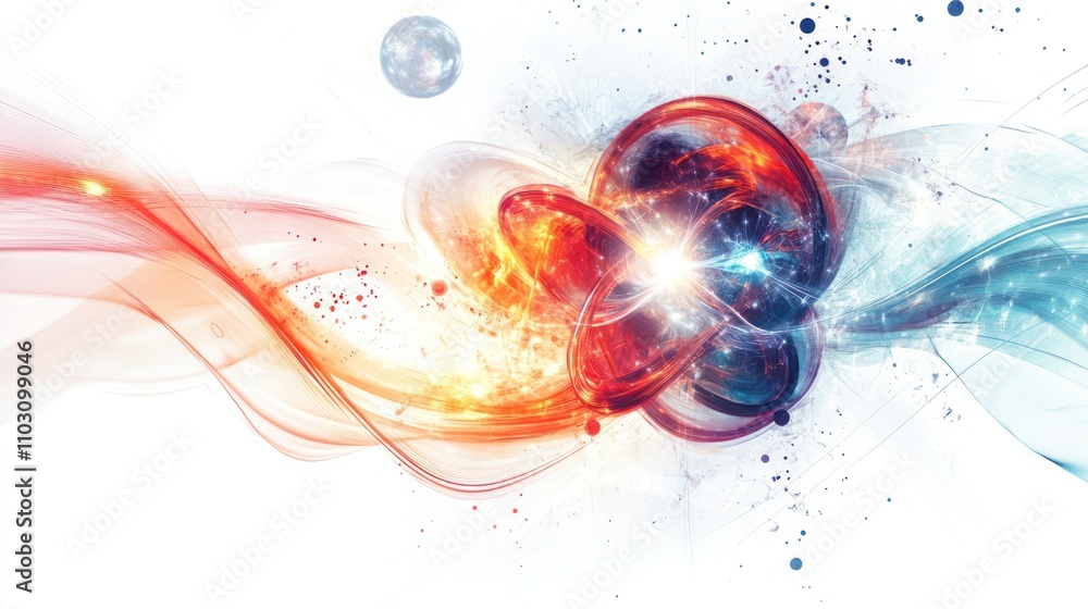 Poster a glowing atom-like structure with swirling particles and energy waves, symbolizing quantum mechanic