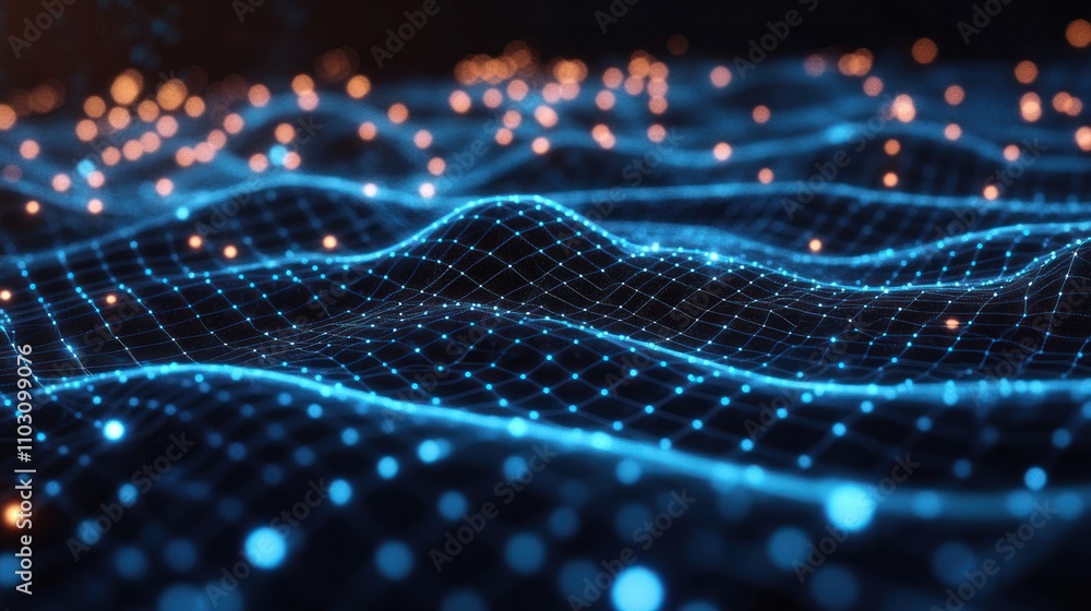 Poster a glowing digital network grid in a dark space representing quantum communication lines flowing acro