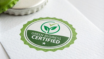 Green business certified logo on textured paper with bottle cap, symbolizing eco friendly practices and sustainability. This represents commitment to environmental responsibility