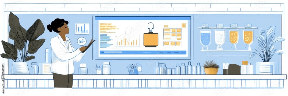 Poster a professional analyzing data on a digital screen in a modern workspace.