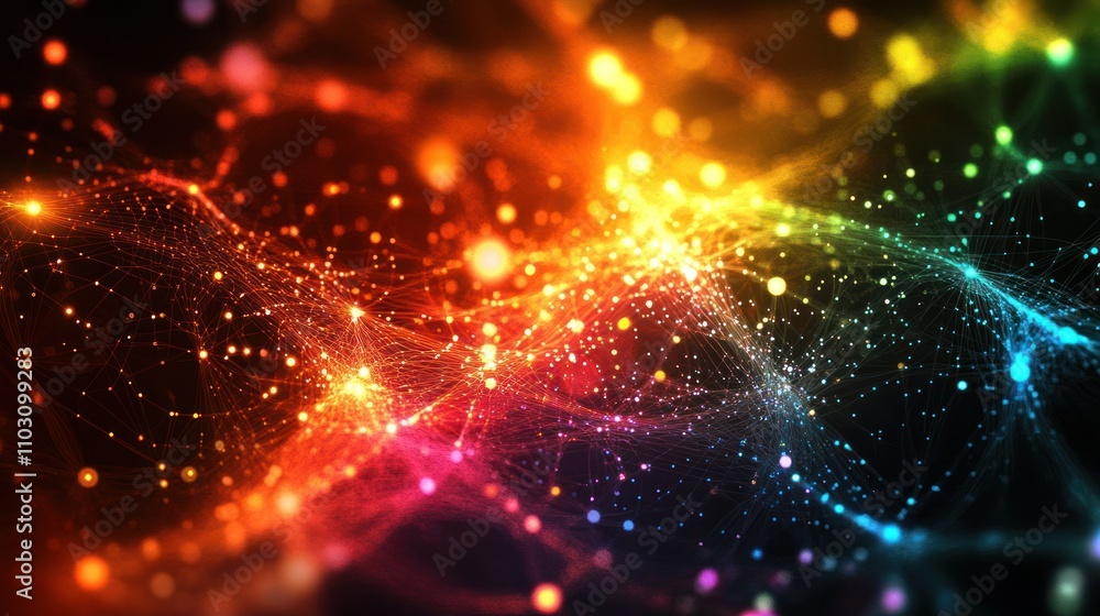 Poster a glowing digital network grid in a dark space representing quantum communication lines flowing acro