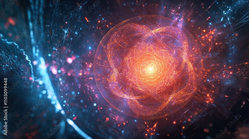 Poster a glowing quantum particle suspended in space surrounded by a field of energy with intricate pattern