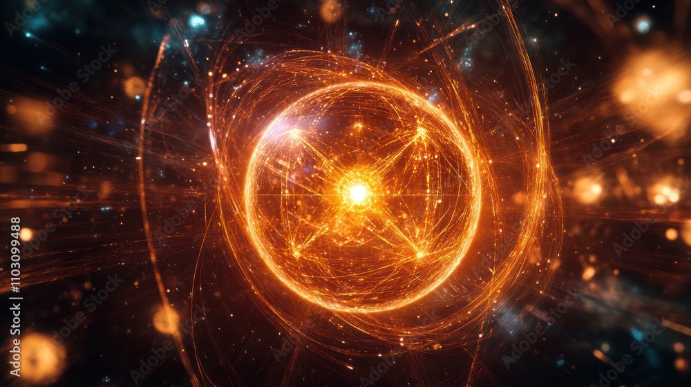 Poster a glowing quantum particle suspended in space surrounded by a field of energy with intricate pattern