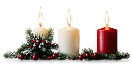 Three Christmas Candles with Red and White Decor  
