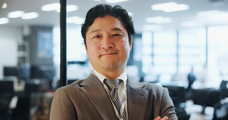 Japanese, businessman and portrait in office with pride, smile and confident as attorney at law....