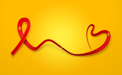 Flag Of Montenegro Heart Shape Wavy Awareness Ribbon Flag On Yellow Background 3d Illustration