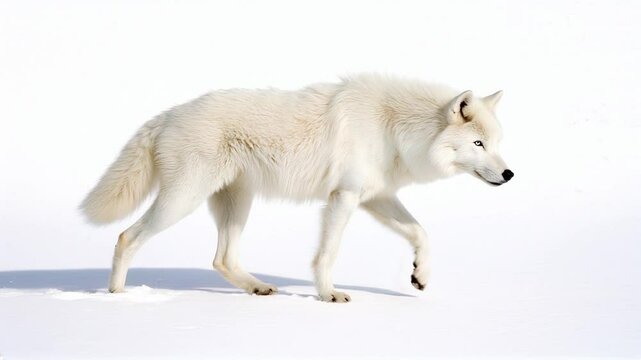 Arctic Majesty: A lone arctic wolf strides through a snowy landscape, its white fur blending seamlessly with the pristine environment. The wolf's gaze is fixed on the horizon.