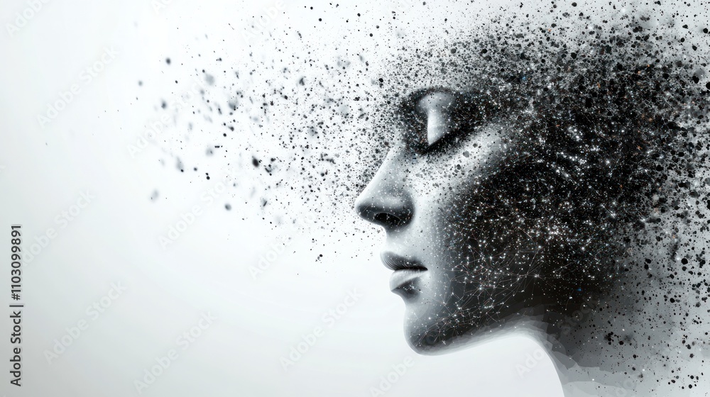 Poster a human face dissolving into particles and data streams, illustrating the concept