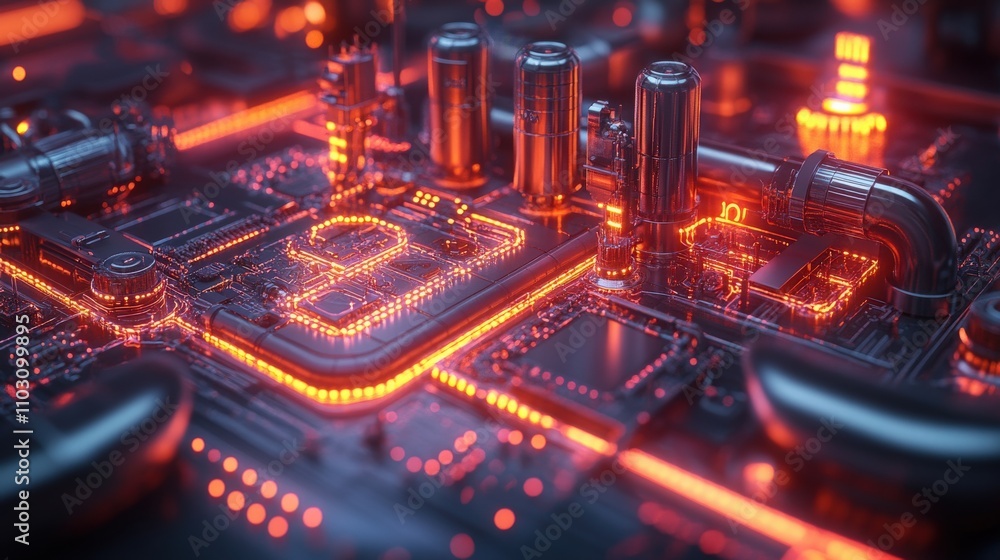 Poster futuristic circuit board with glowing orange lights and metallic structures, showcasing advanced tec